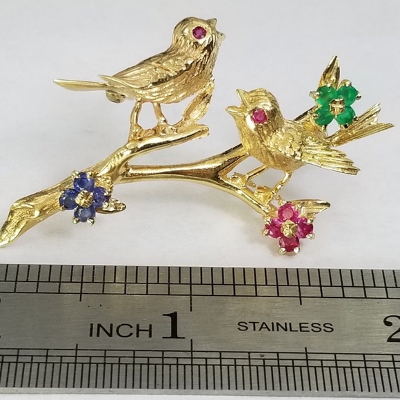 14k Gold Ruby, Emerald, Sapphire Bird Brooch Pin - Picture 6 of 8